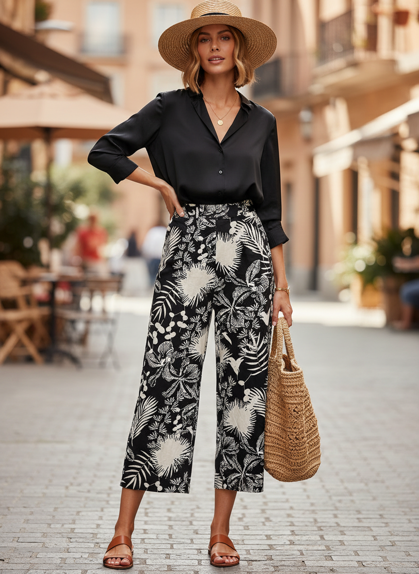 Calça Pantacourt Estampada Tropical - CANTÃO / M