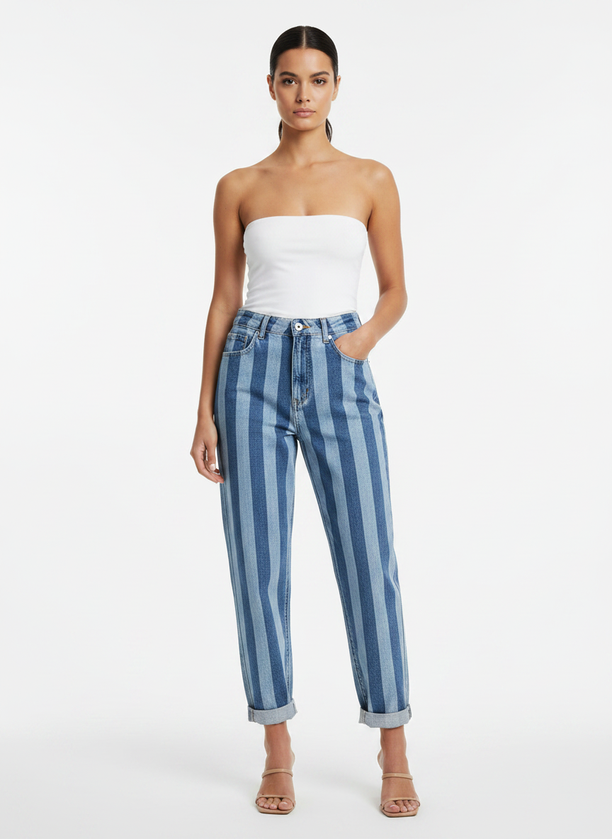 Calça Jeans Listrada Mom Fit - CANTÃO / 38