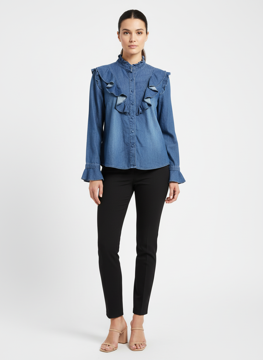 Blusa Jeans Babados Manga Longa - C.CLUB / M