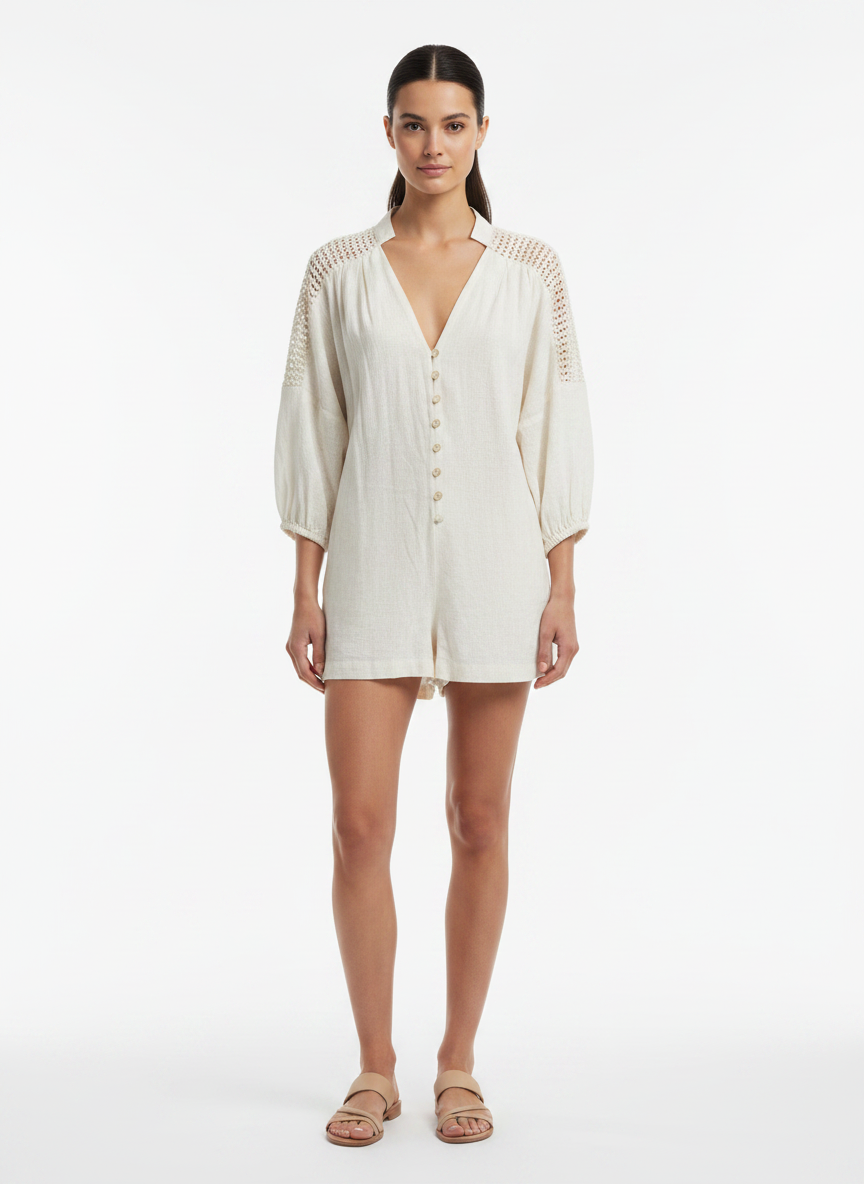 Romper Curto de Linho com Crochê - DRESS TO / G
