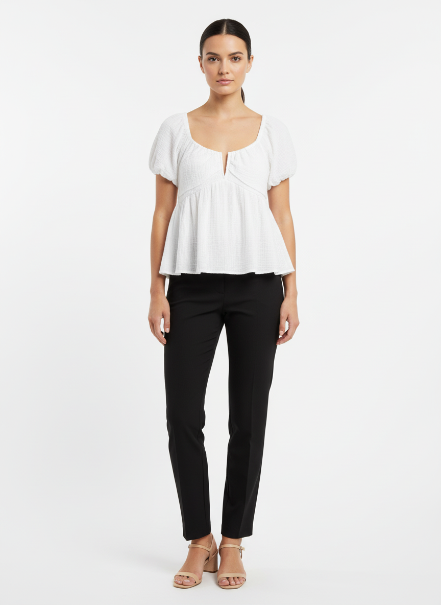 Blusa top peplum manga bufante decote estilo camponesa branca - KIRIOUS | P