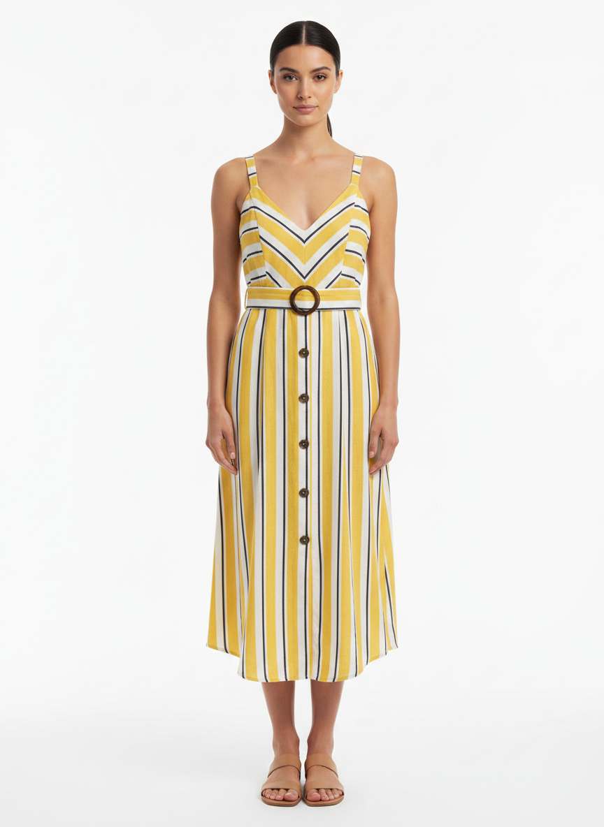 Vestido Midi Listrado V-Neck com Botões e Cinto - ANIMALE / M