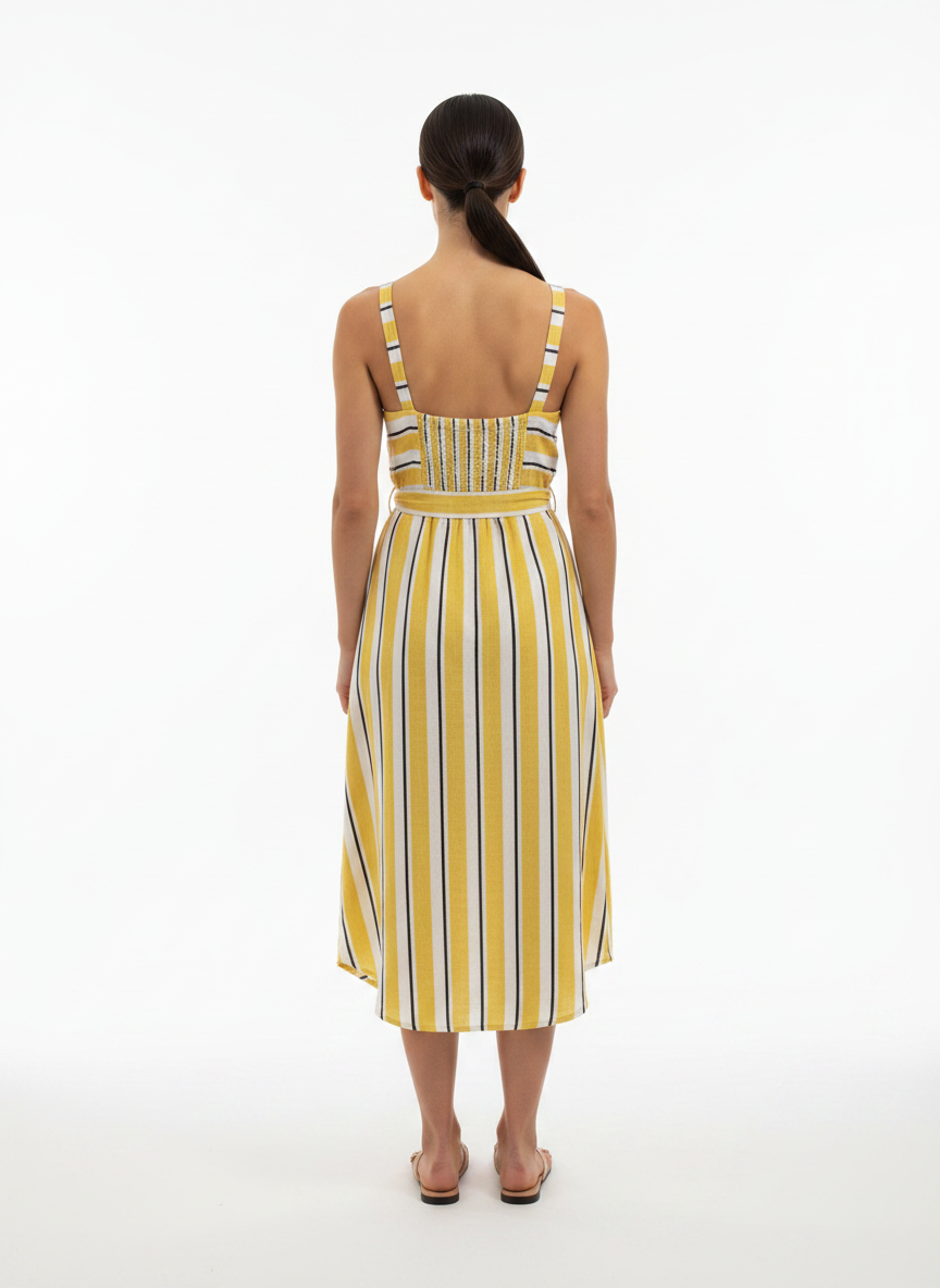 Vestido Midi Listrado V-Neck com Botões e Cinto - ANIMALE / M