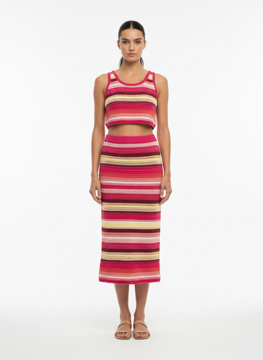 Conjunto Cropped Tricô Listrado Multicolorido Rosa - Animale/P