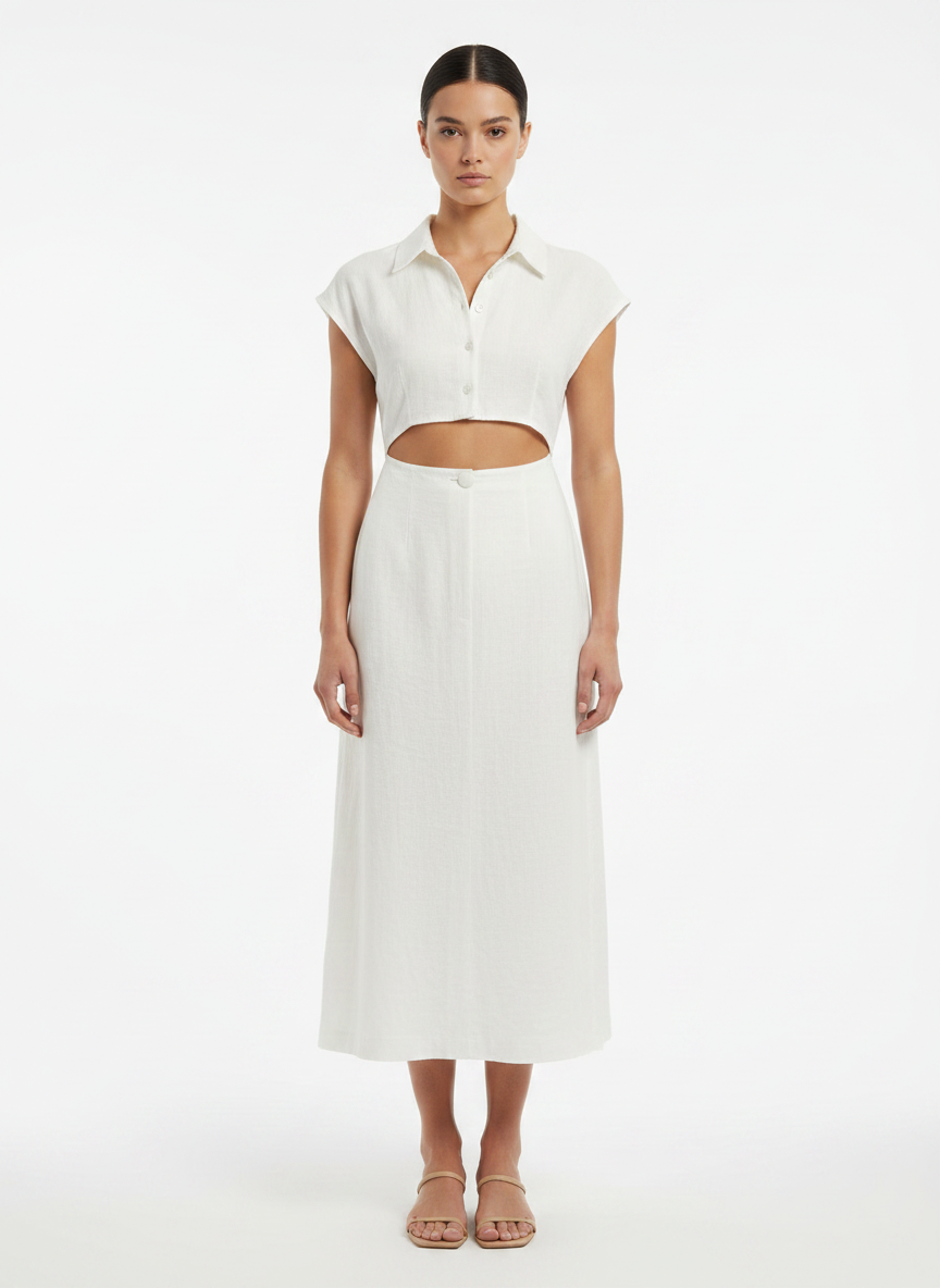 Vestido Midi Branco Recortes Gola Camisa - DRESS TO / M