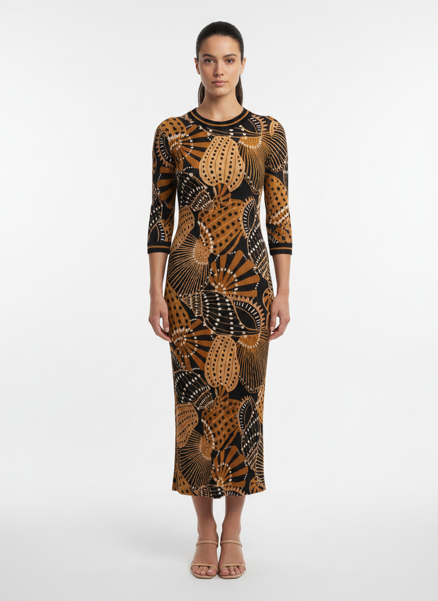 Vestido Midi Canelado Estampa Abstrata - FARM / M