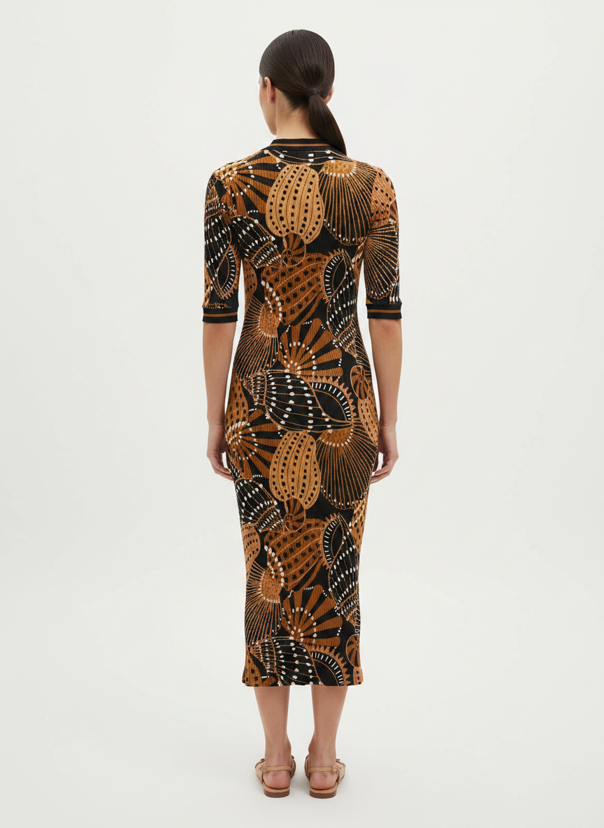 Vestido Midi Canelado Estampa Abstrata - FARM / M