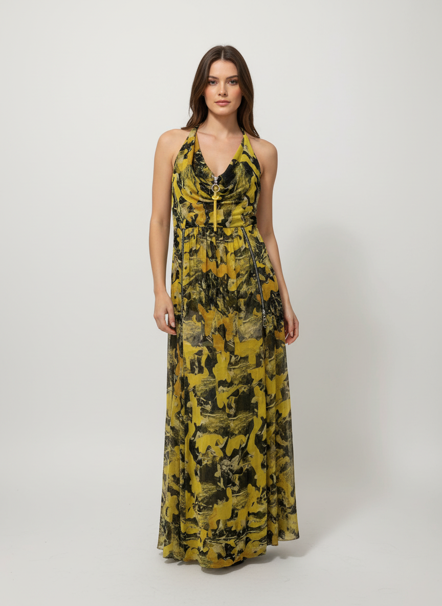 Vestido Longo Estampa Abstrata Amarelo - Caos/40