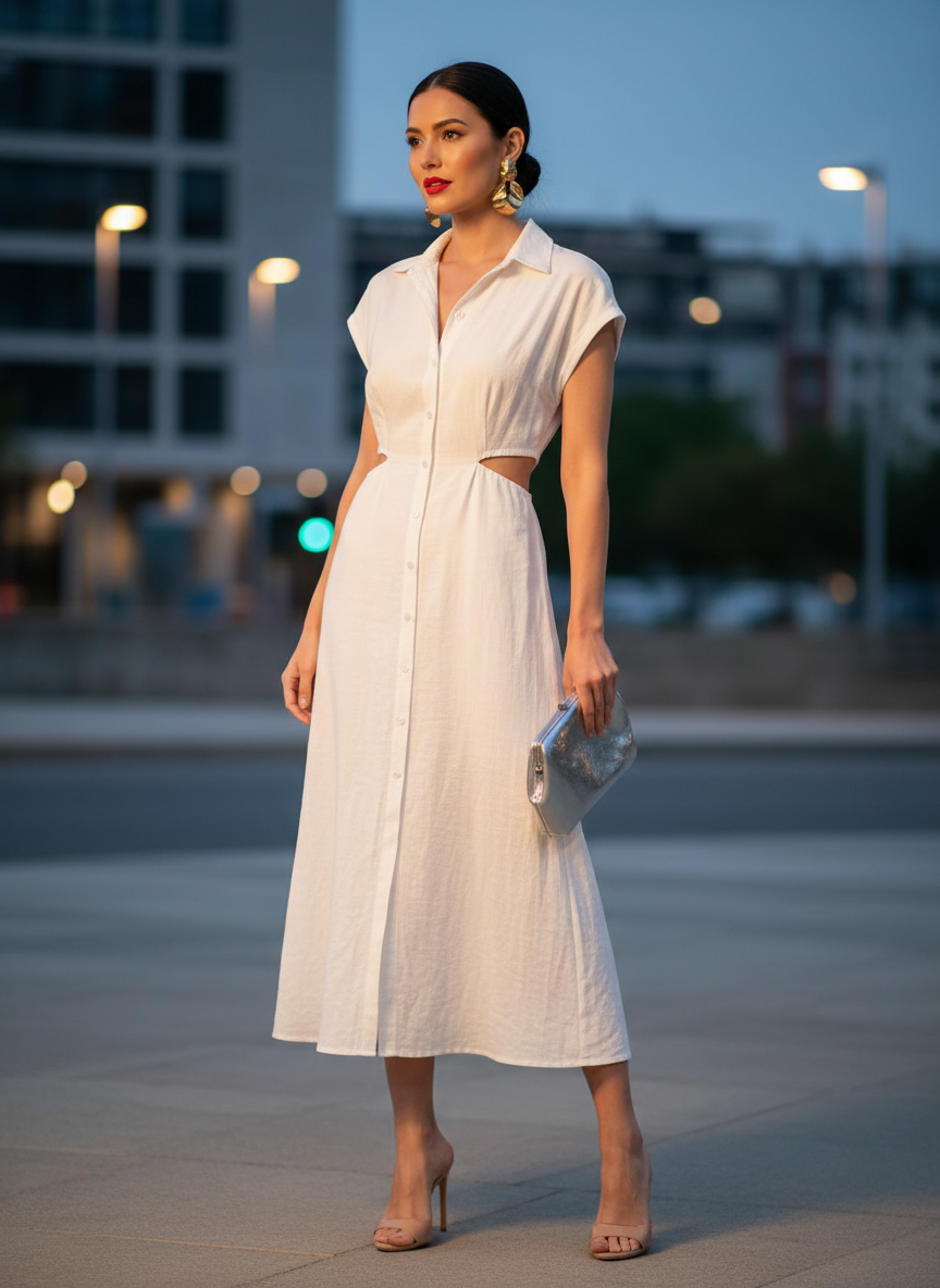 Vestido Midi Branco Recortes Gola Camisa - DRESS TO / M