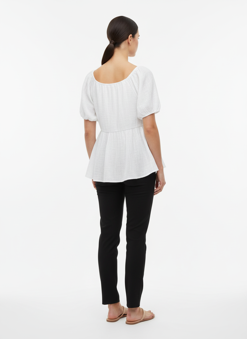 Blusa top peplum manga bufante decote estilo camponesa branca - KIRIOUS | P
