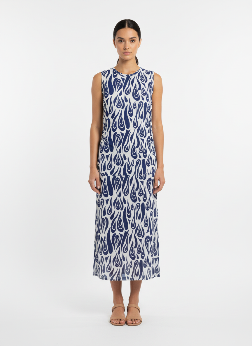 Vestido longo sem manga estampa gotas franzido laterais - LUCIDEZ | M