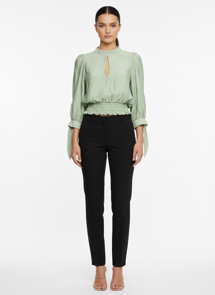 Blusa cropped manga longa manga 3/4 cós lastex abertura decote verde - ZARA | P
